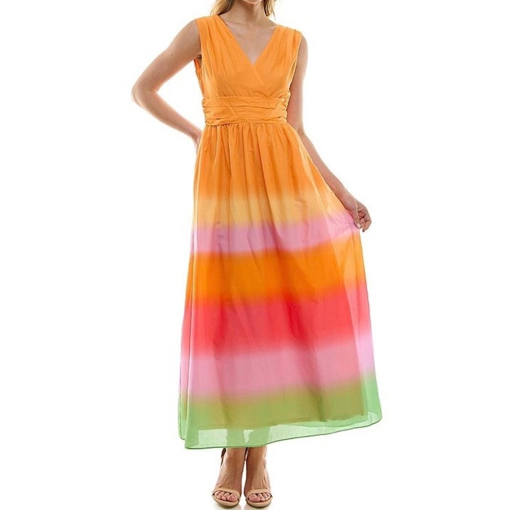 Taylor Rainbow Ombre Maxi Dress Womens Medium Orange Pink V-Neck Cotton Pockets